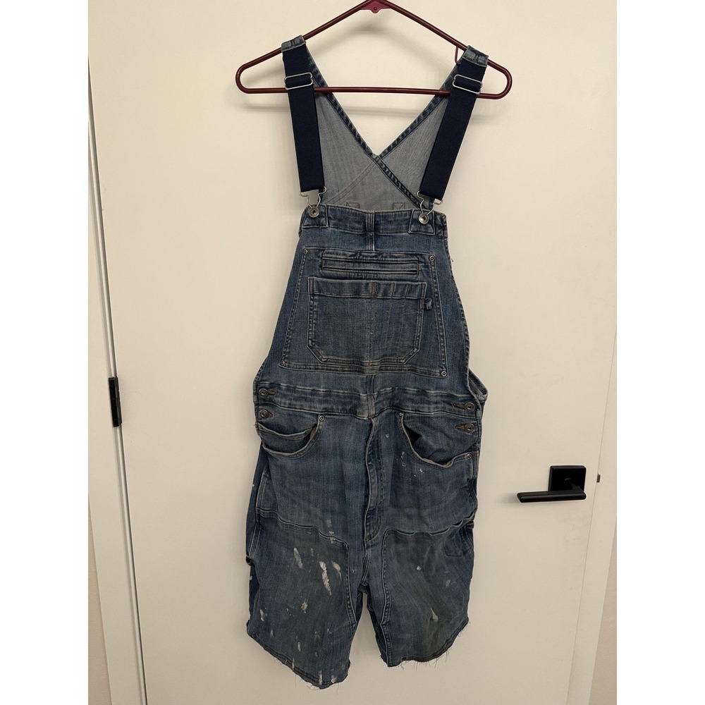 Duluth Trading Co Overalls Mens 34 Blue Denim Bib Cutoff Shorts Distressed